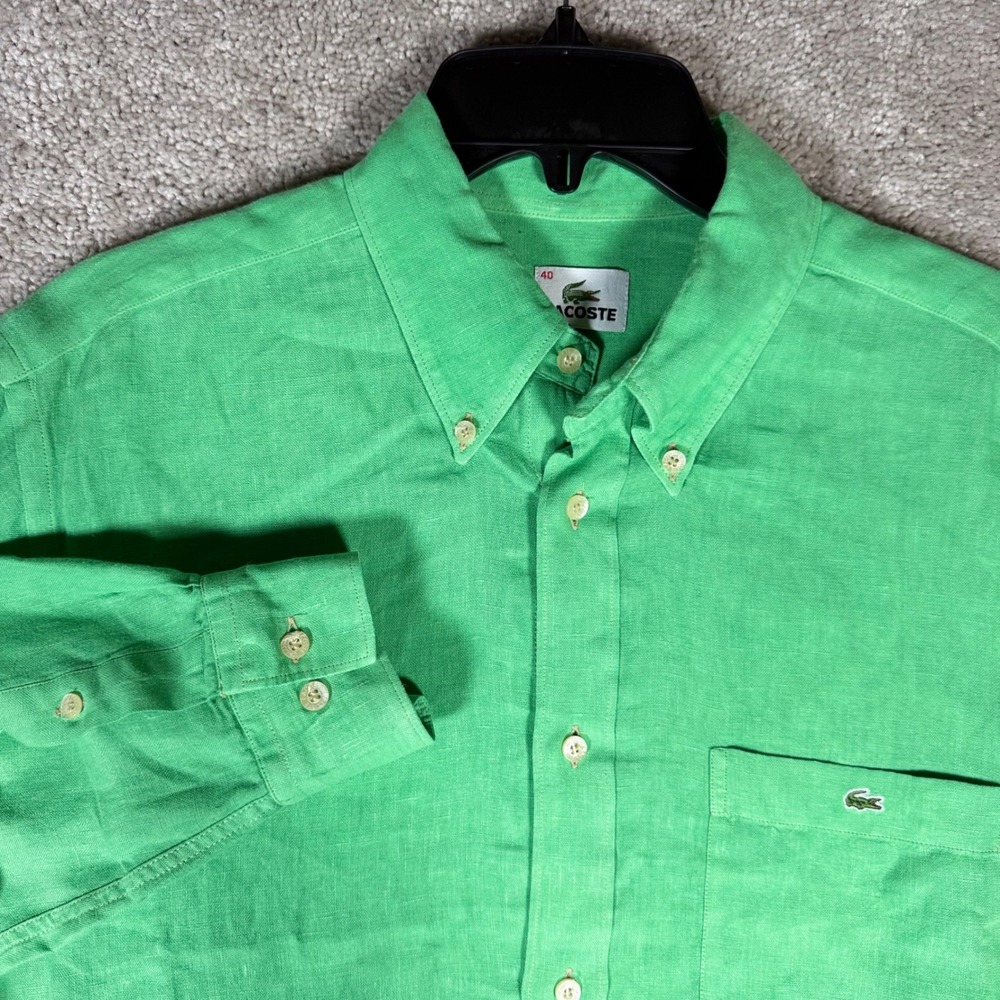 Lacoste Men's Medium Green Linen Long Sleeve Button Down Shirt Size 40